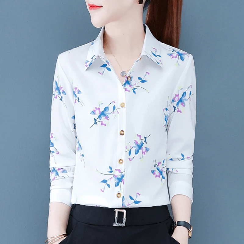 春秋新款雪纺印花女士长袖衬衫时尚百搭韩版修身衬衣洋气打底衫