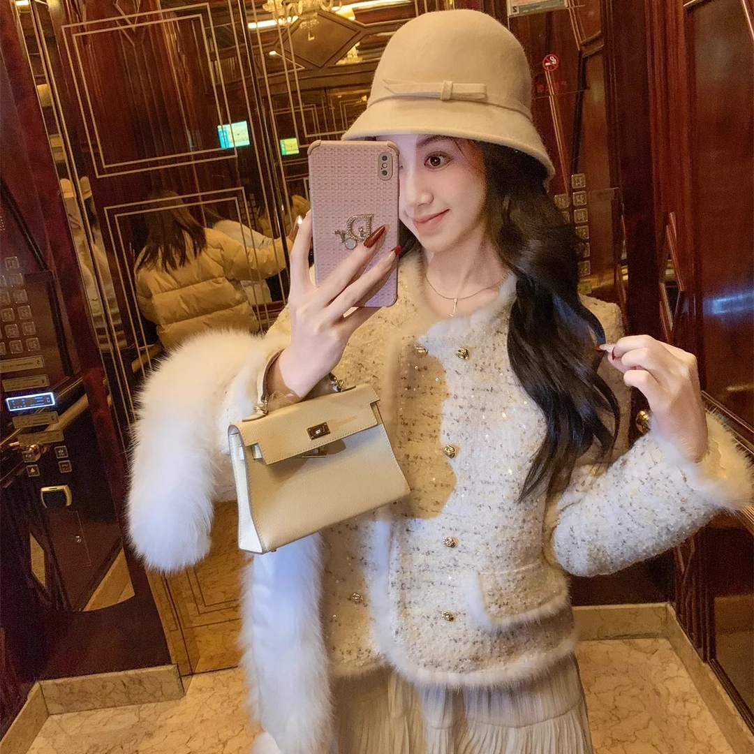 鱼兔子的兔子小香风短款时尚气质秋冬毛毛加绒内胆外套