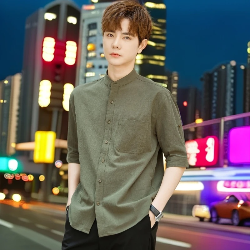 2025年宽松立领五分袖潮男无领纯棉短袖衬衫夏季衬衫休闲韩版衬衣