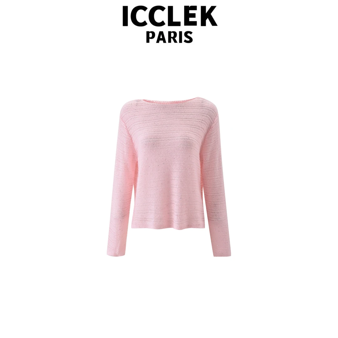 ICCLEK 粉色圆领长袖针织衫休闲百搭气质减龄宽松气质上衣 - 9048