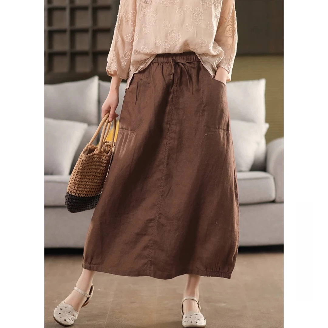 新款复古砂洗100%亚麻宽松半身裙系带松紧腰显瘦A字裙中长款麻裙