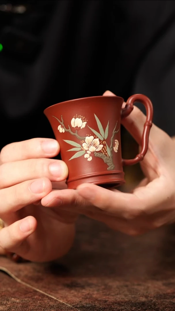 茶壶紫砂朱泥泥绘玉兰杯