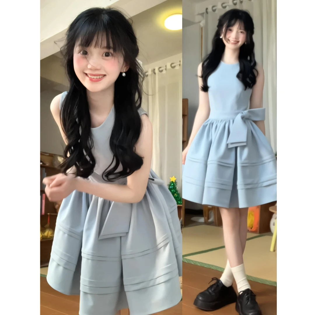 2025年夏季新款法式立领蝴蝶结装饰圆领连衣裙女无袖a字礼服短裙