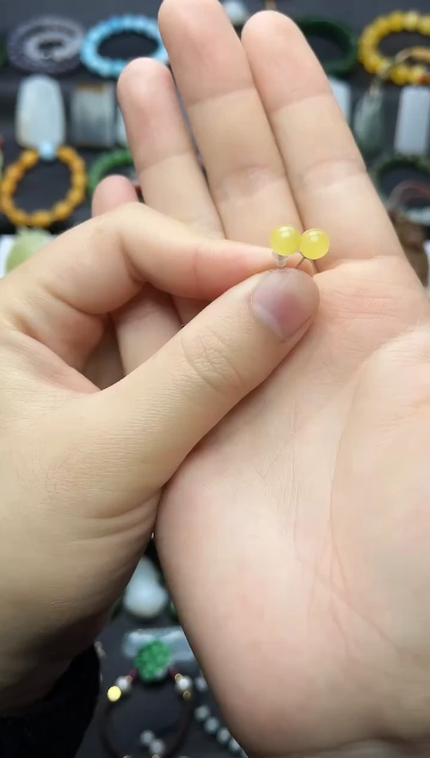 蜜蜡银S925镶嵌耳饰卡6圆珠耳钉06