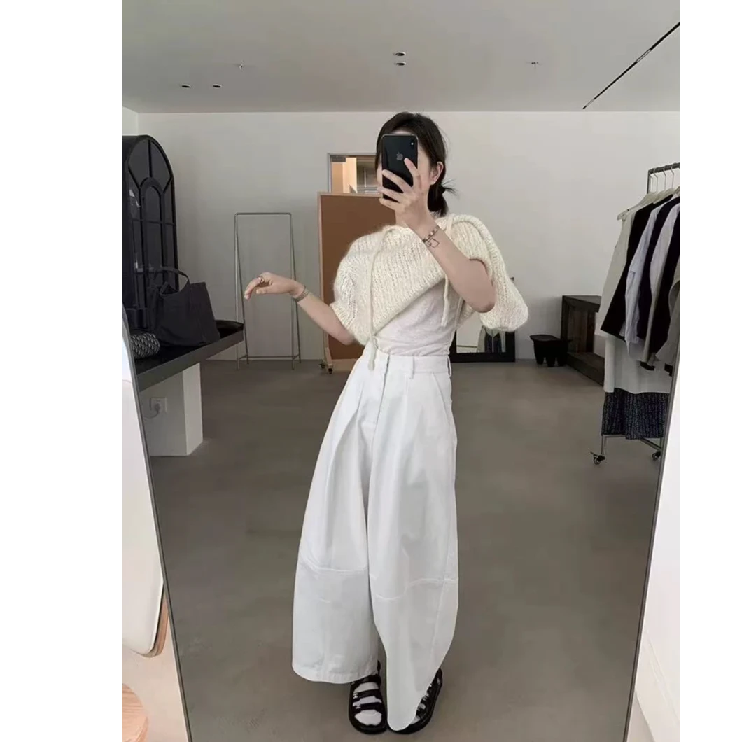 2025纯棉新款灯笼裤女裤子女高腰显瘦九分裤休闲裤白色阔裤