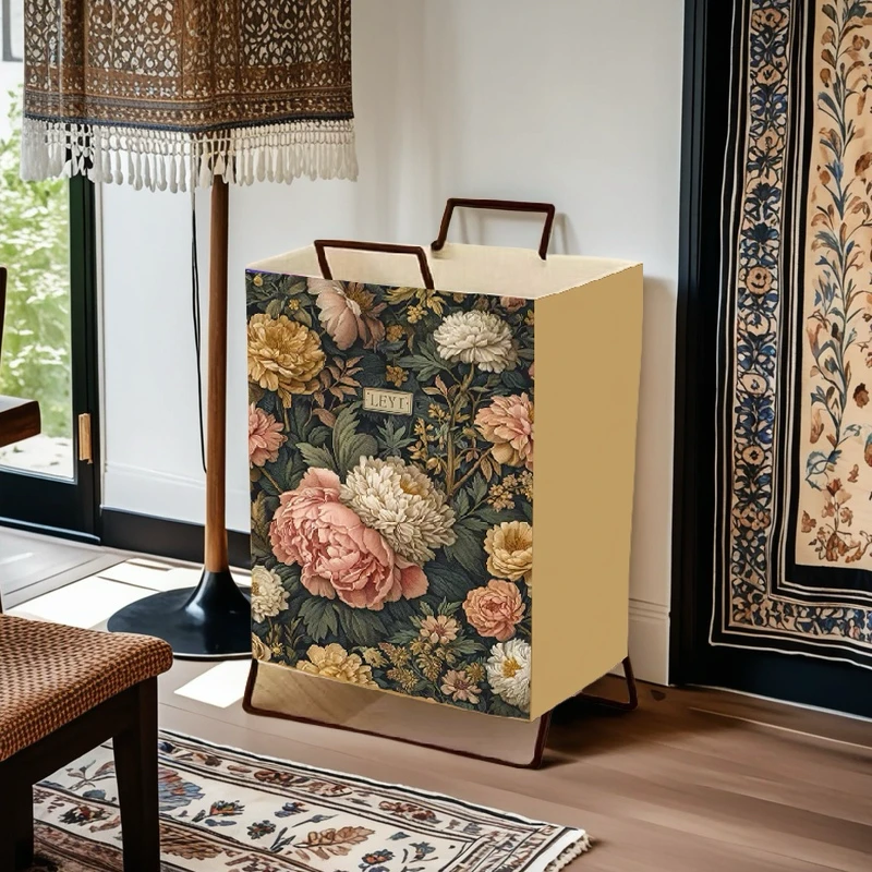 花语家庭卧室简约现代脏衣篓可折叠铁架无纺布防水衣物收纳篮玩具