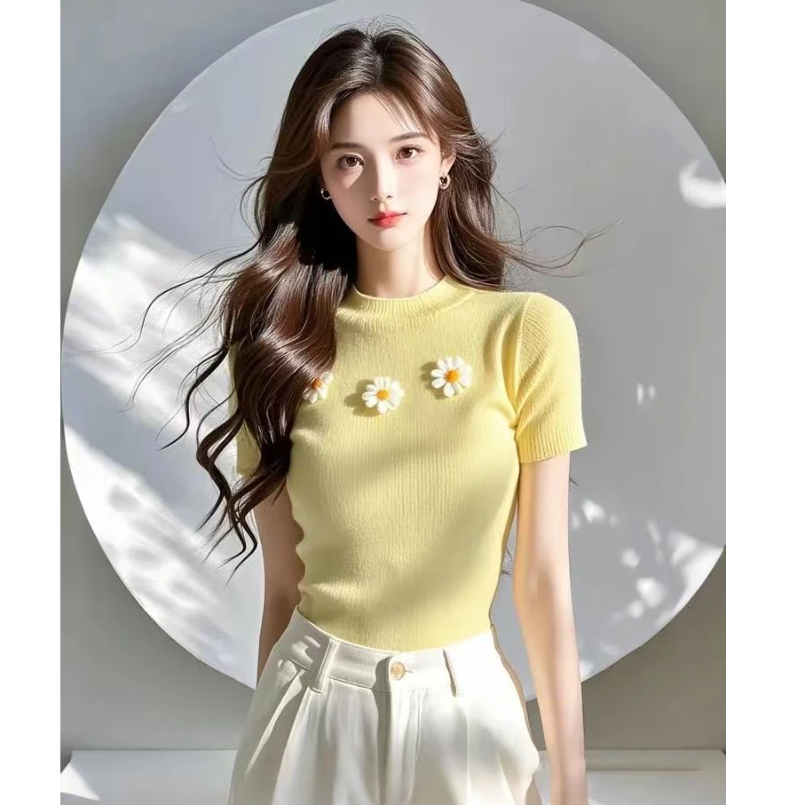 2025年新款打底衫小众不撞款设计感上衣高级感黄色针织正肩t恤女