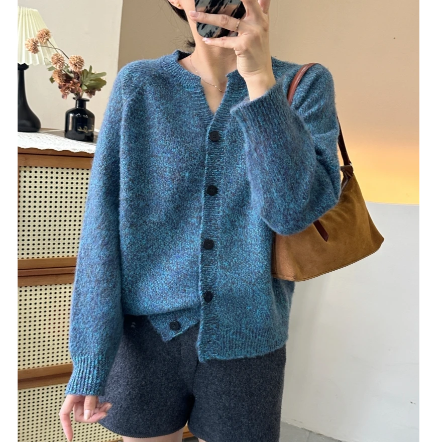 超美高级感花纱黛蓝V领开衫针织衫韩系剪刀领宽松软糯外套秋厚新