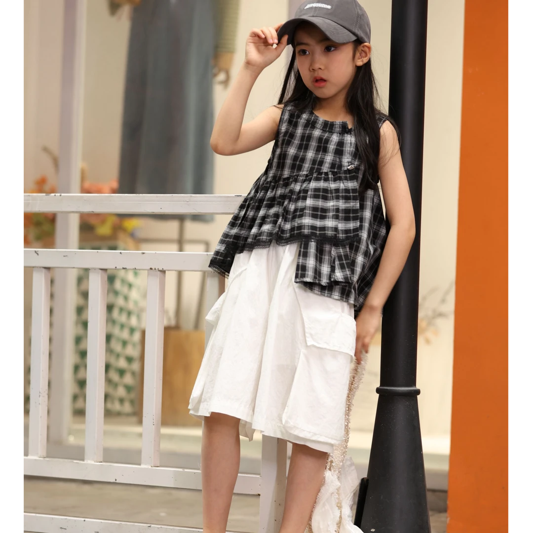 【大童套装】2025年夏季新品不对称女童背心百搭上衣中大童休闲套装