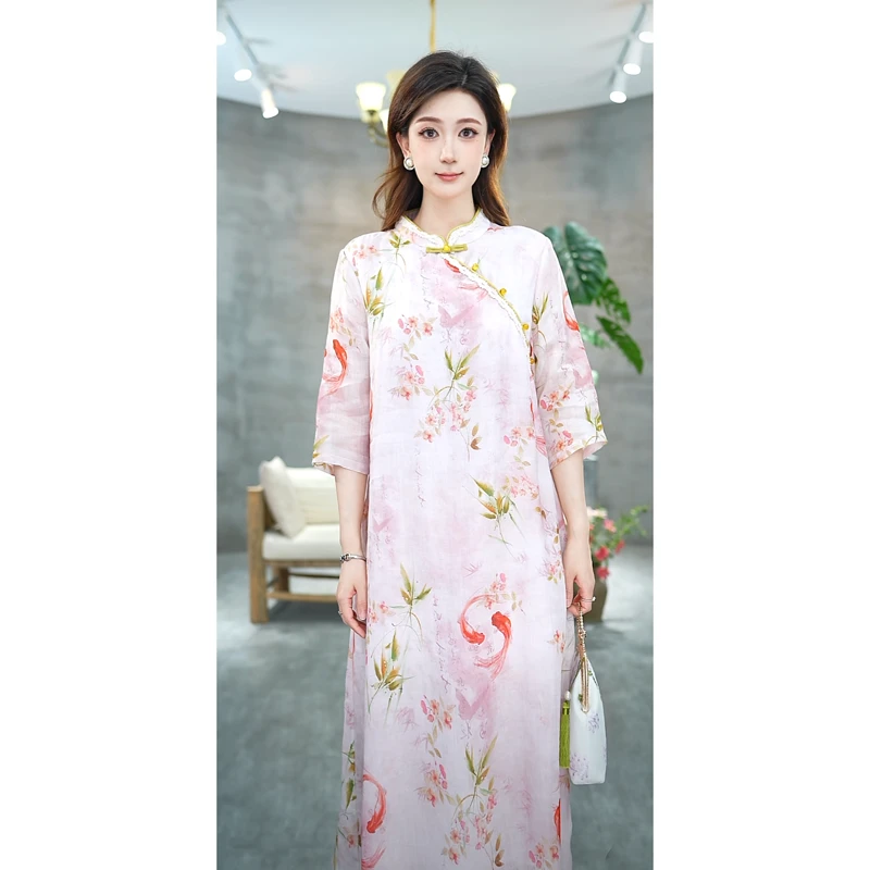 赠李白100支苎麻显瘦气质中国风旗袍中长款原创盘扣6938