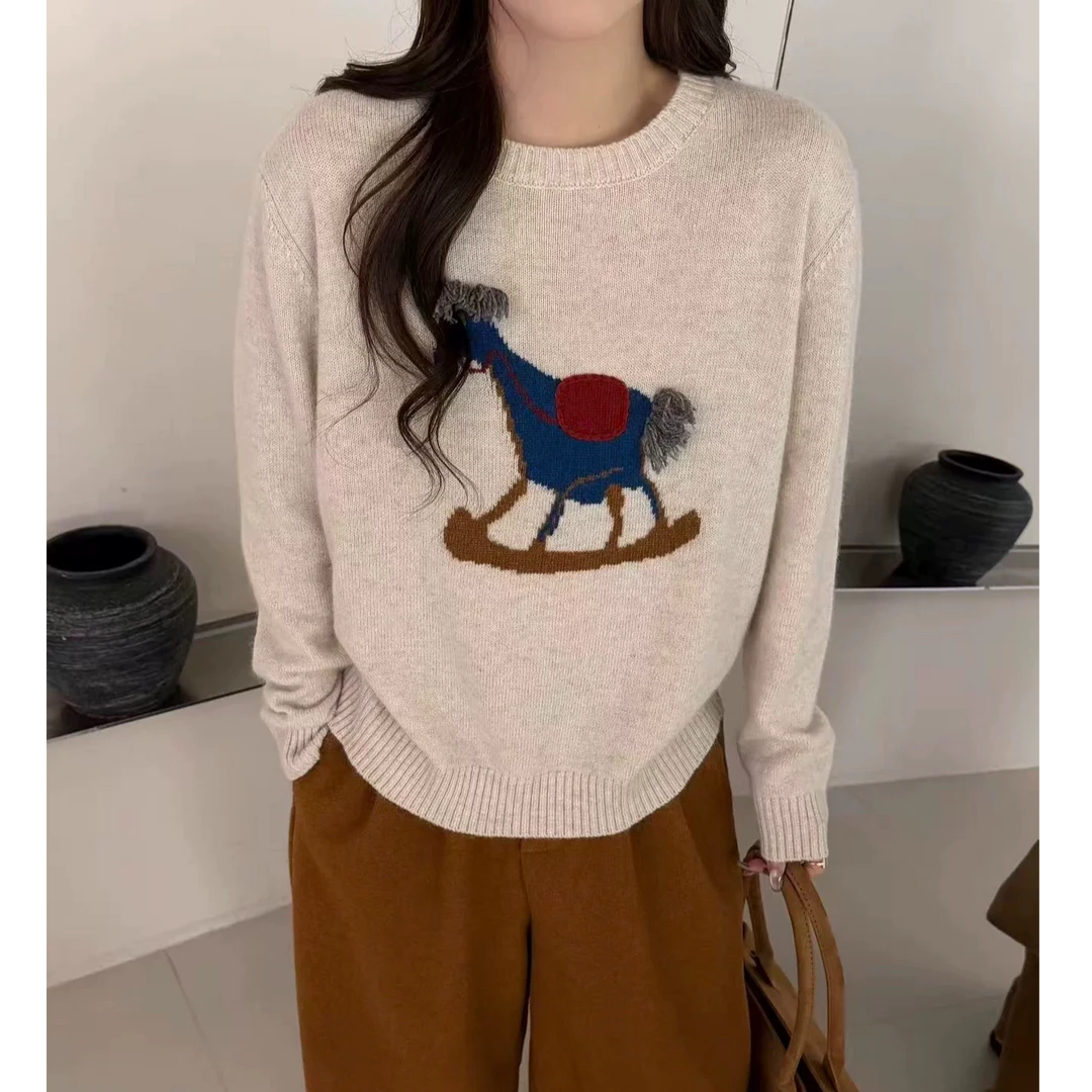 MEIZHENZI【圣诞小马】绵羊毛+羊驼毛|冬季氛围感毛衣女宽松针织衫