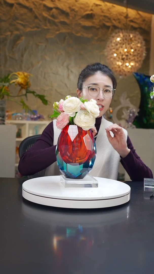 手工艺品琉璃宝石红蓝双色切面花器小号