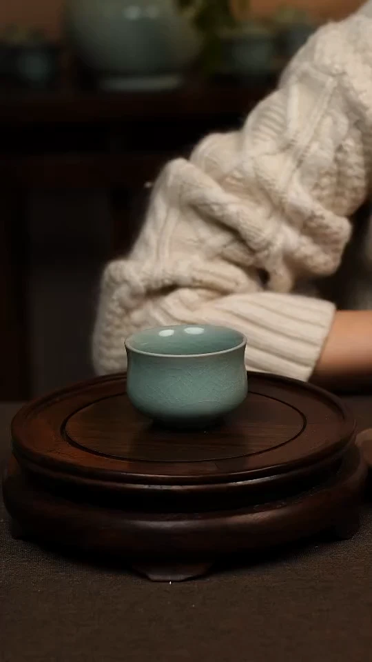 瓷片仿古天青玉兰杯80ml 微瑕 不带礼盒