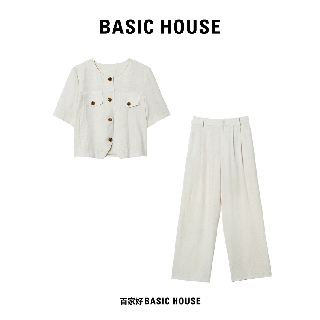 Basic House/百家好2025夏新单排扣凉感短袖高腰长裤套装9312 XY