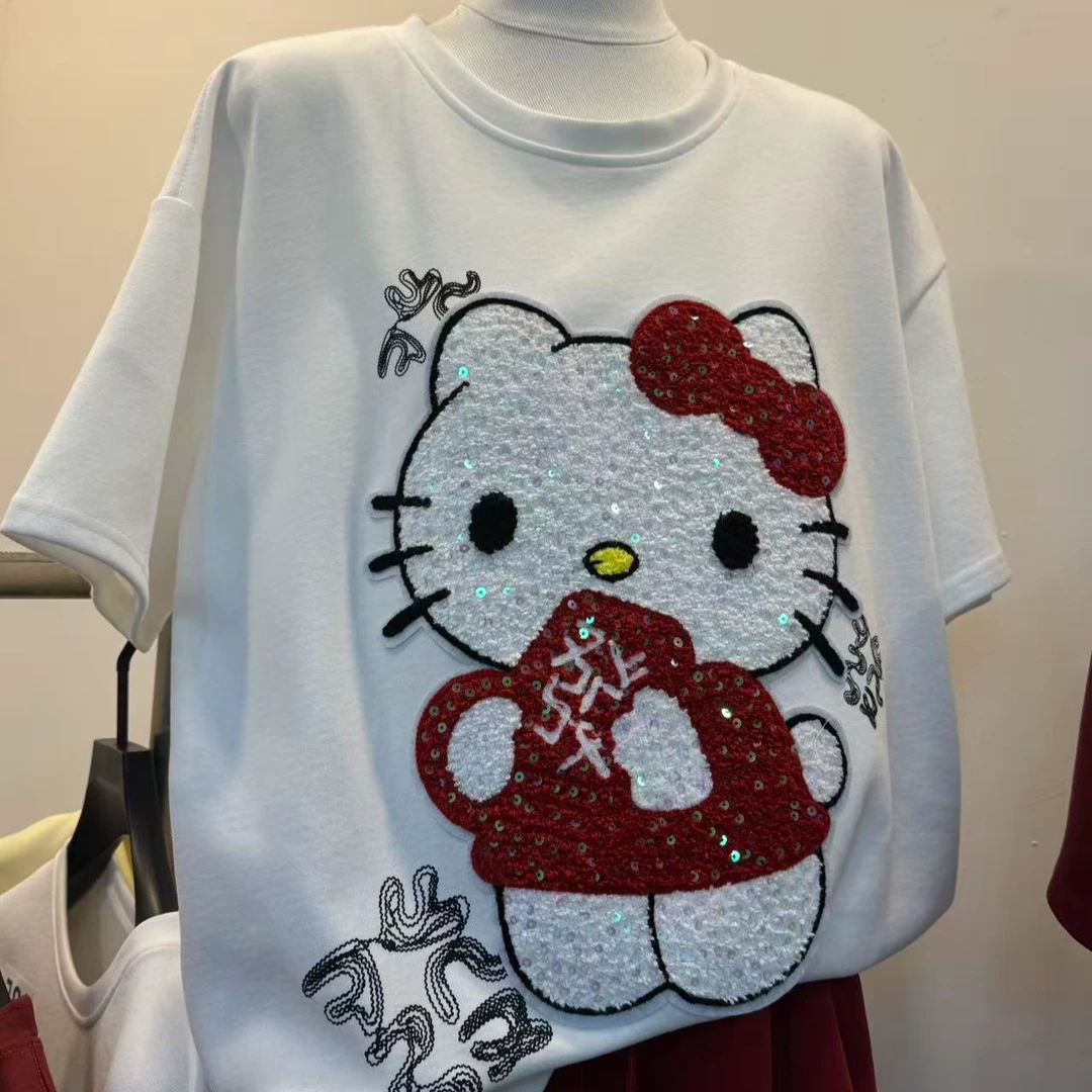 中长款圆领宽松型女短袖T恤贴布文艺风极简风