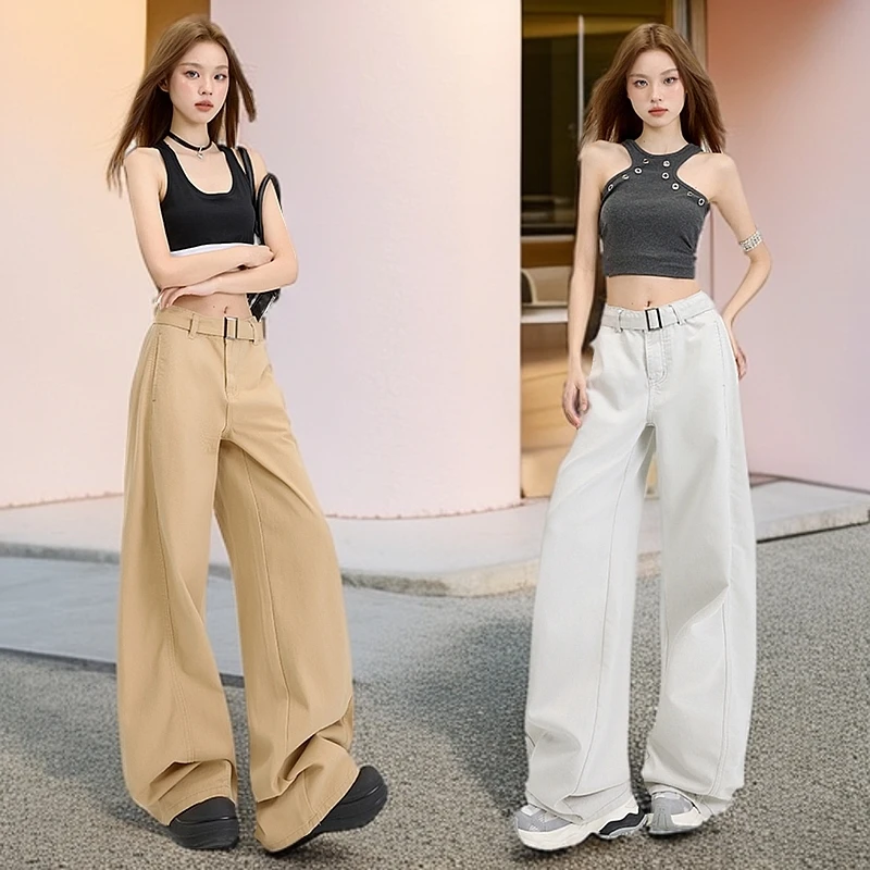 美式棕色阔腿牛仔裤女2025新款春季宽松显瘦垂感高腰拖地直筒裤子