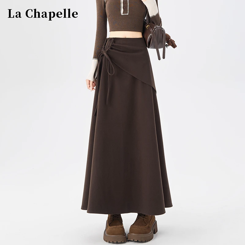 拉夏贝尔咖色加厚毛呢西装半身裙女秋冬2025新款a字大摆伞裙长裙