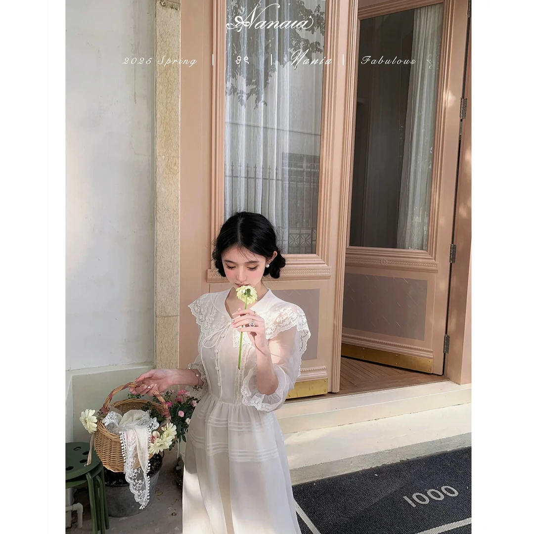 甜水仙 古董桃乐丝 【收藏级】重工网纱蕾丝海军领礼服高腰连衣裙