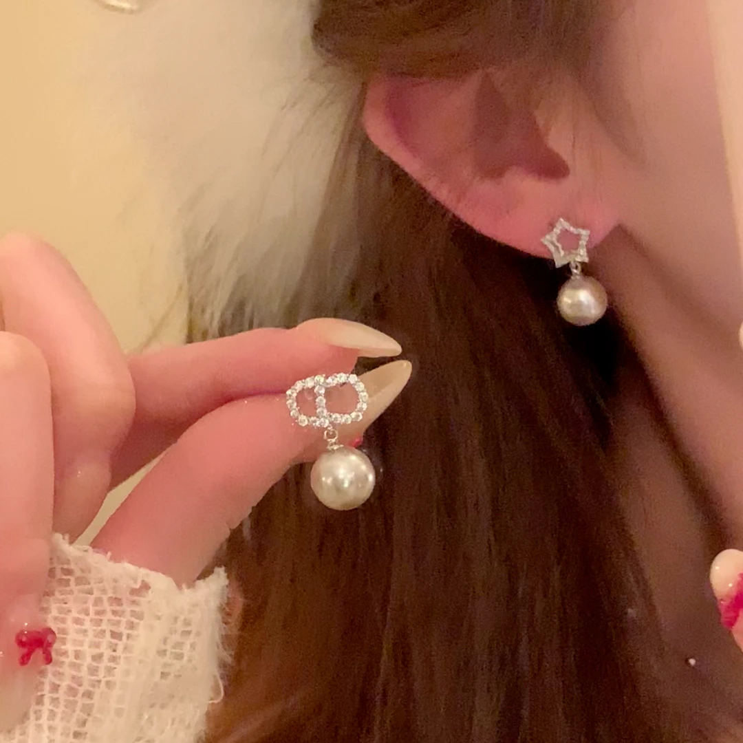 铜合金锆石耳饰 春夏不对称曼塔玫瑰珠珠CD星星耳环女耳针耳饰