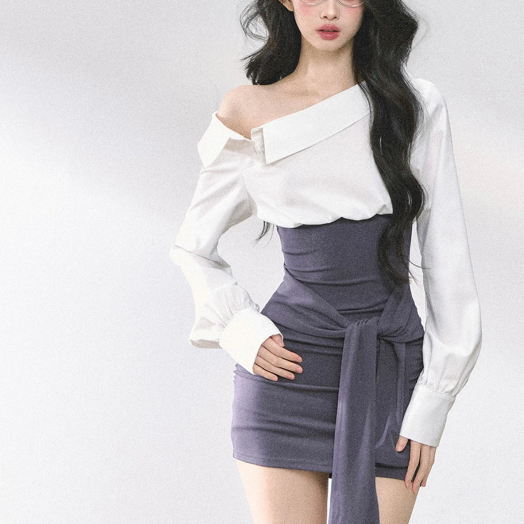 韩系辣妹风设计感拼接绑带斜肩长袖衬衫裙夏季新款高腰显瘦连衣裙