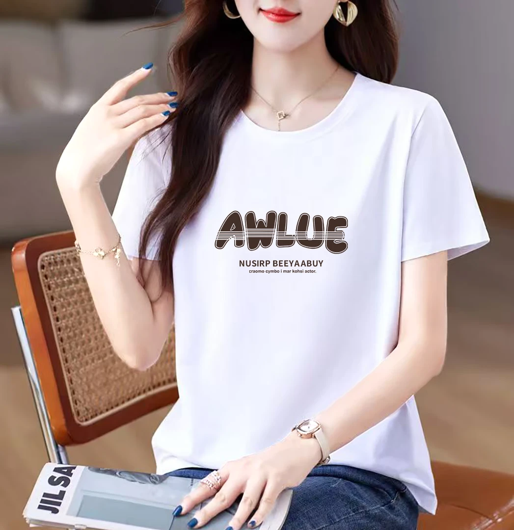 女士短袖洋气t恤夏季白色上衣宽松短袖冰瓷棉短袖圆领女