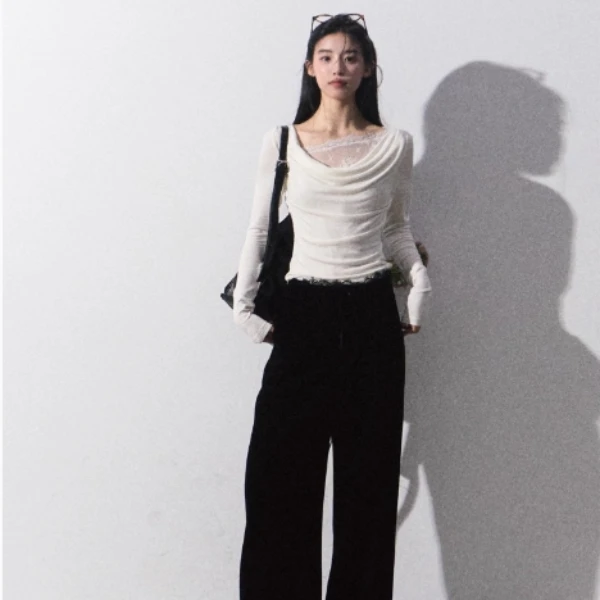 白色蕾丝针织荡领打底衫T恤2025春季新款假两件内搭纯欲修身上衣