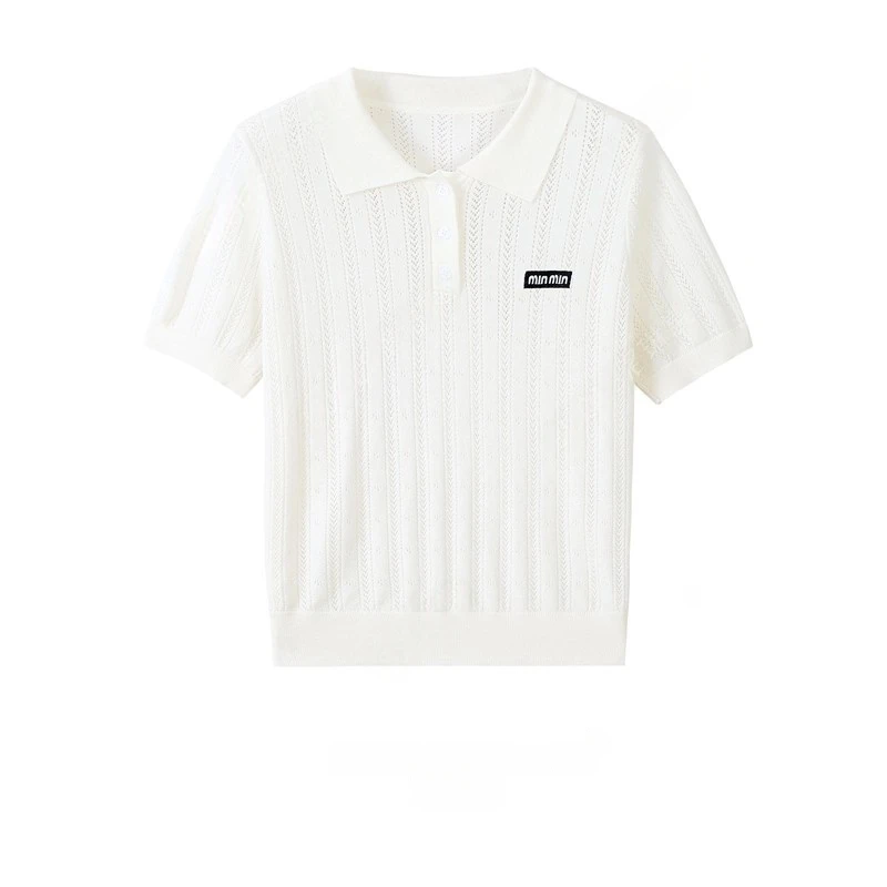 Miv系夏季新款镂空莱塞尔天丝针织T恤百搭休闲运动polo领上衣女