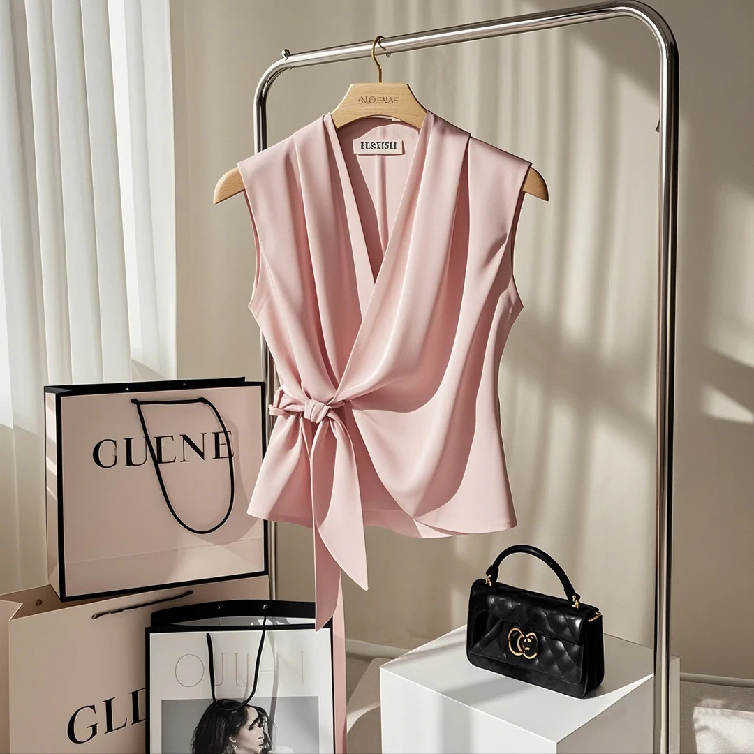 大方得体穿搭超漂亮绝美高级感粉色无袖上衣女夏季2025年新款衬衣