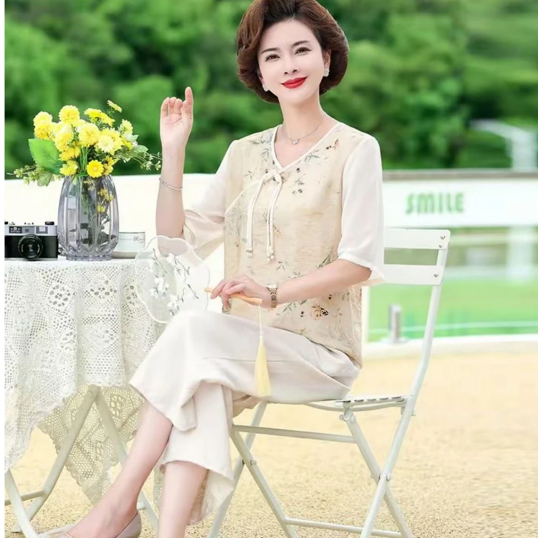 2011-中老年女装中式印花半袖上衣纱袖