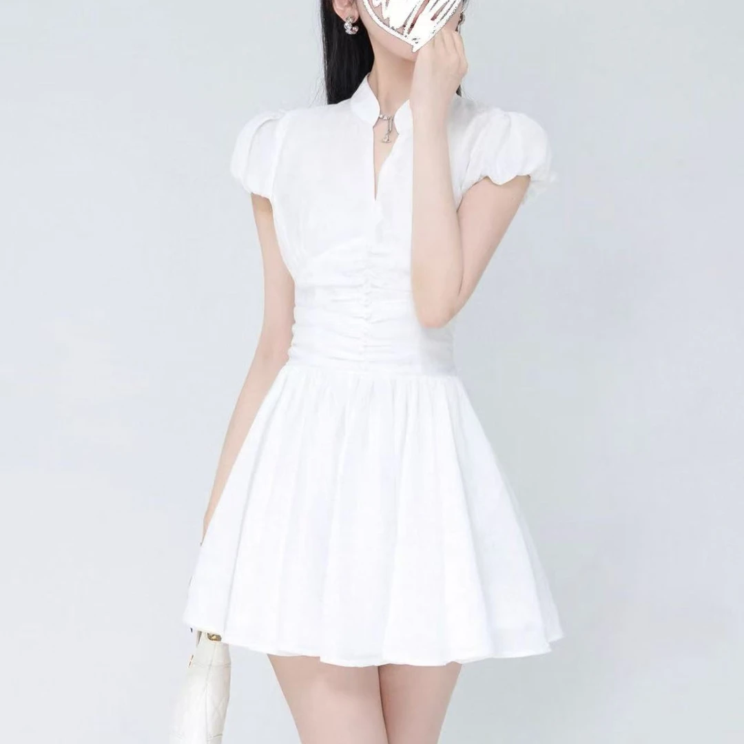 高级感夏季收腰V领气质连衣裙女名媛显瘦短裙