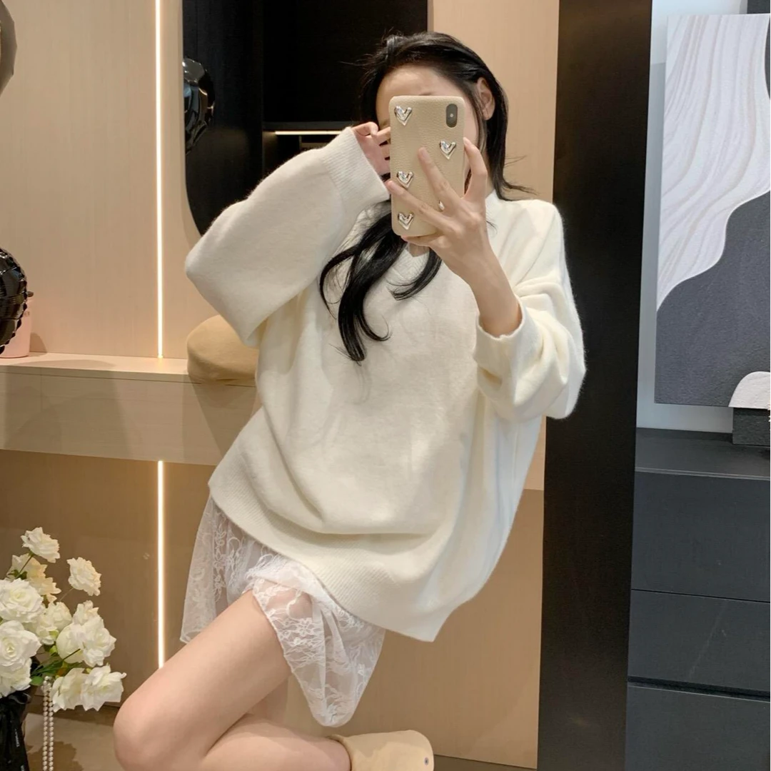 秋季时尚穿搭一整套小众不规则毛衣女别致洋气蕾丝连衣短裙两件套