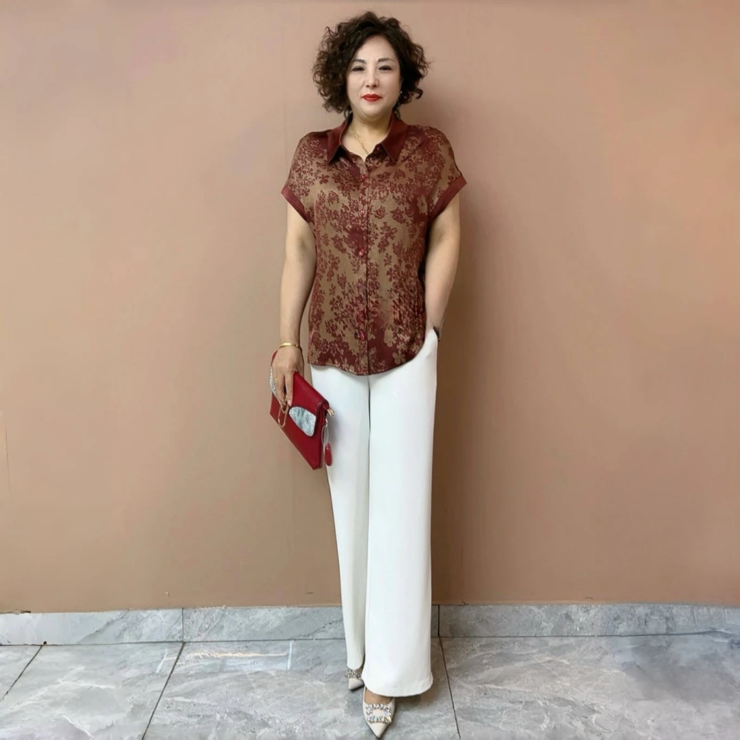 8823夏季新款气质妈妈装真丝翻领上衣宽松遮肉显瘦大码中老年衬衫