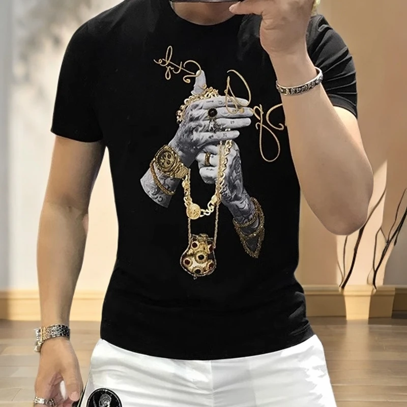 男士短袖t恤男欧洲站2025新款潮流修身个性烫钻冰丝加大码男款T恤