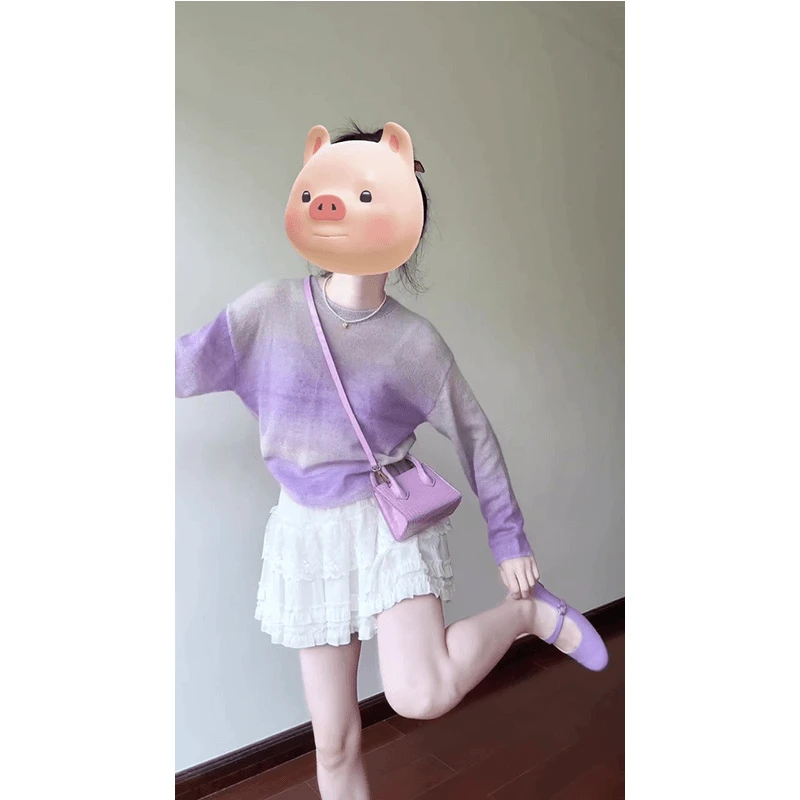 浅紫色针织衫女2025早春季新款甜美设计感内搭打底衫半身裙两件套