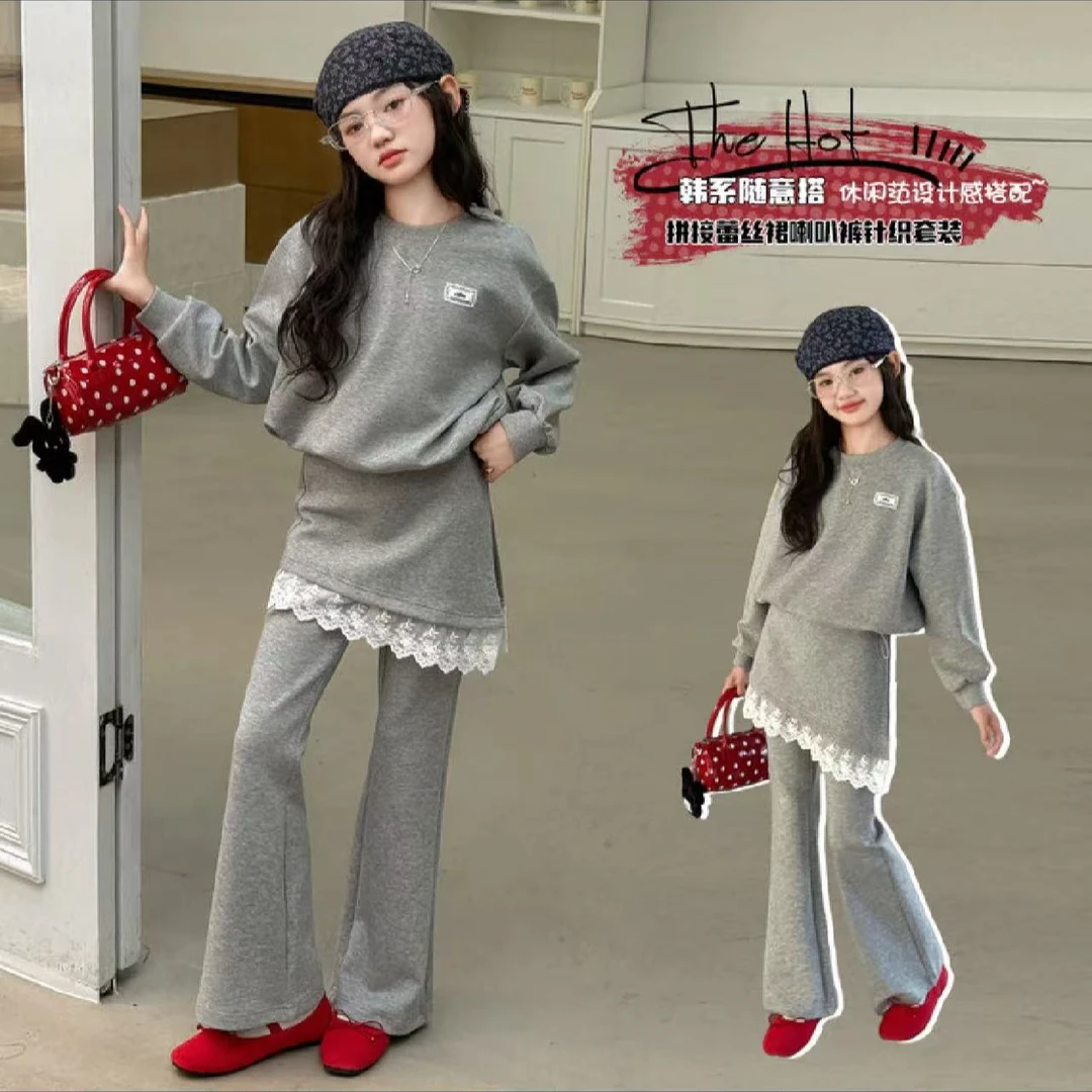 女童休闲套装2025秋季新款圆领卫衣屁帘喇叭裤两件套