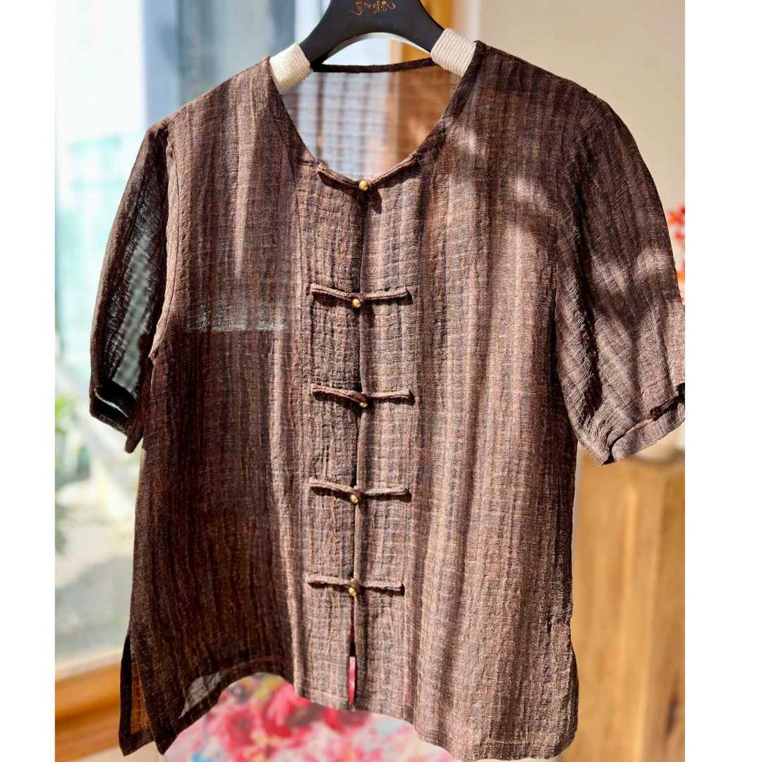 【以晴.高定】高端非遗丝麻女装轻奢设计师款上衣时尚必备气质短袖