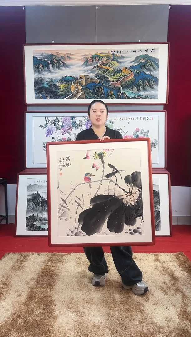 国画手绘荷花83*83尺寸