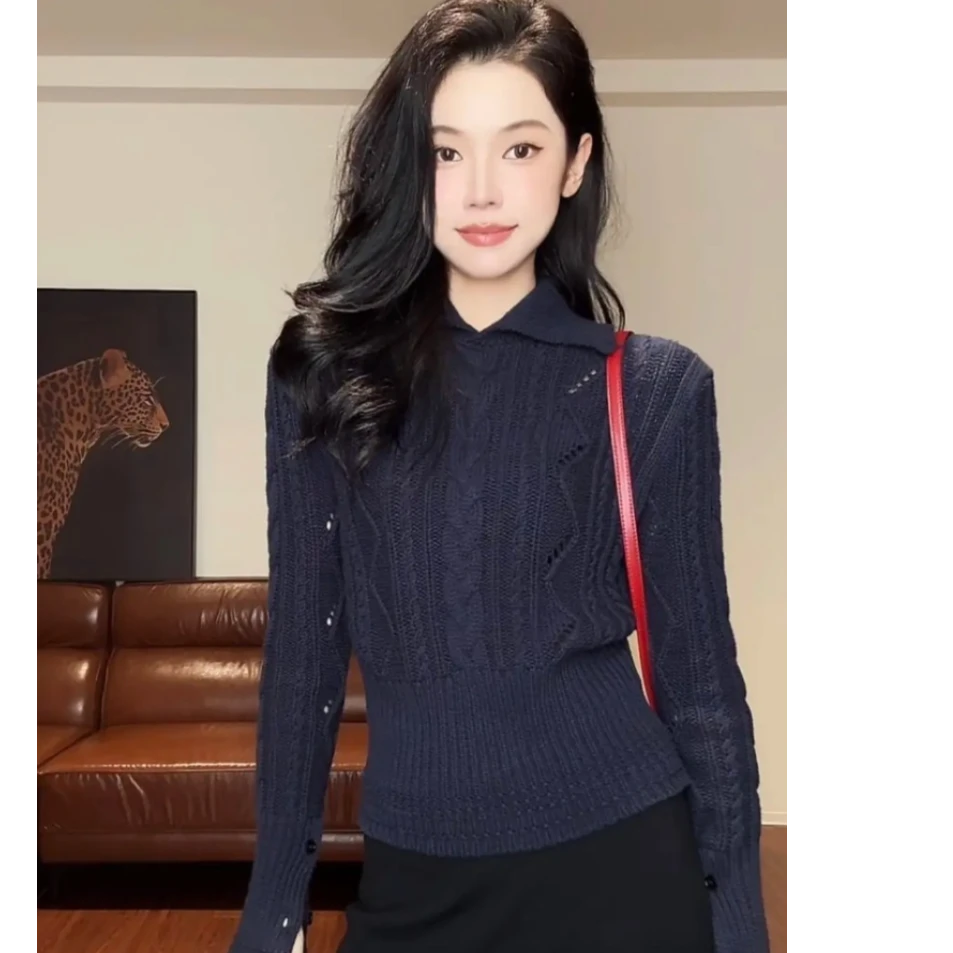 韩系翻领长袖开叉针织衫女2025秋冬季高级感显瘦百搭长袖上衣女潮