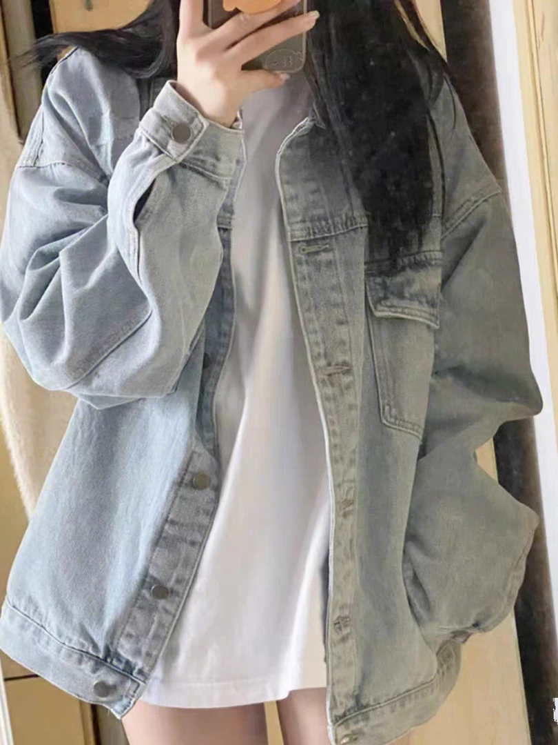 A32美式复古蓝色牛仔外套宽松百搭设计感外套