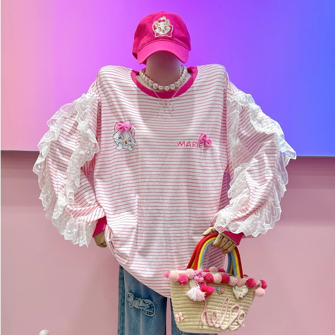 【纯熙+】29639春季新款蕾丝飞边袖漂亮猫咪条纹T恤女韩版宽松百搭