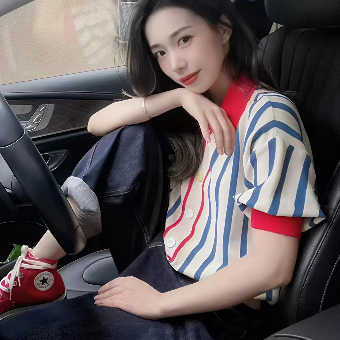 2025新款POLO领T恤女宽松泡泡袖夏季百搭休闲撞色显瘦夏上衣40339