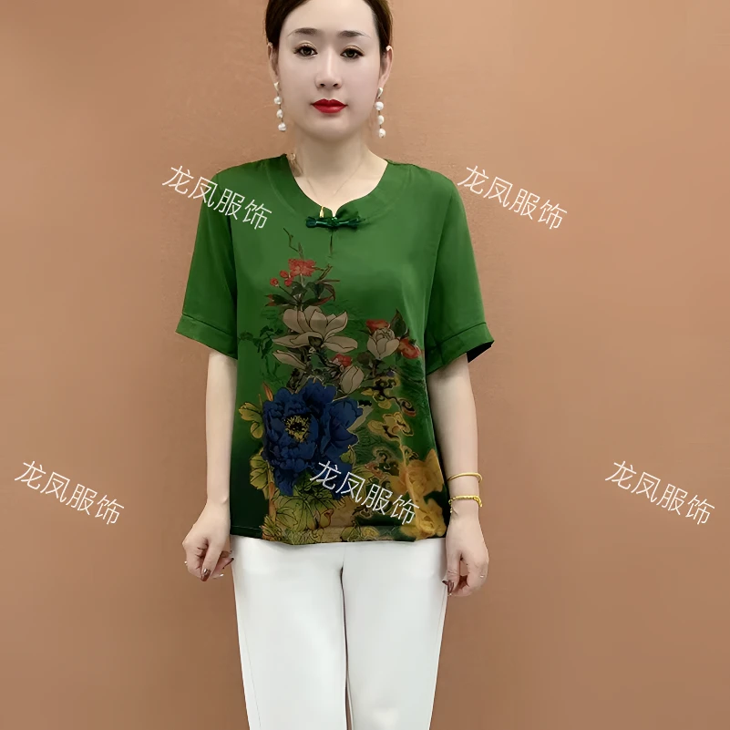 夏季民族风中老年妈妈装牡丹花印花洋气圆领女士气质上衣