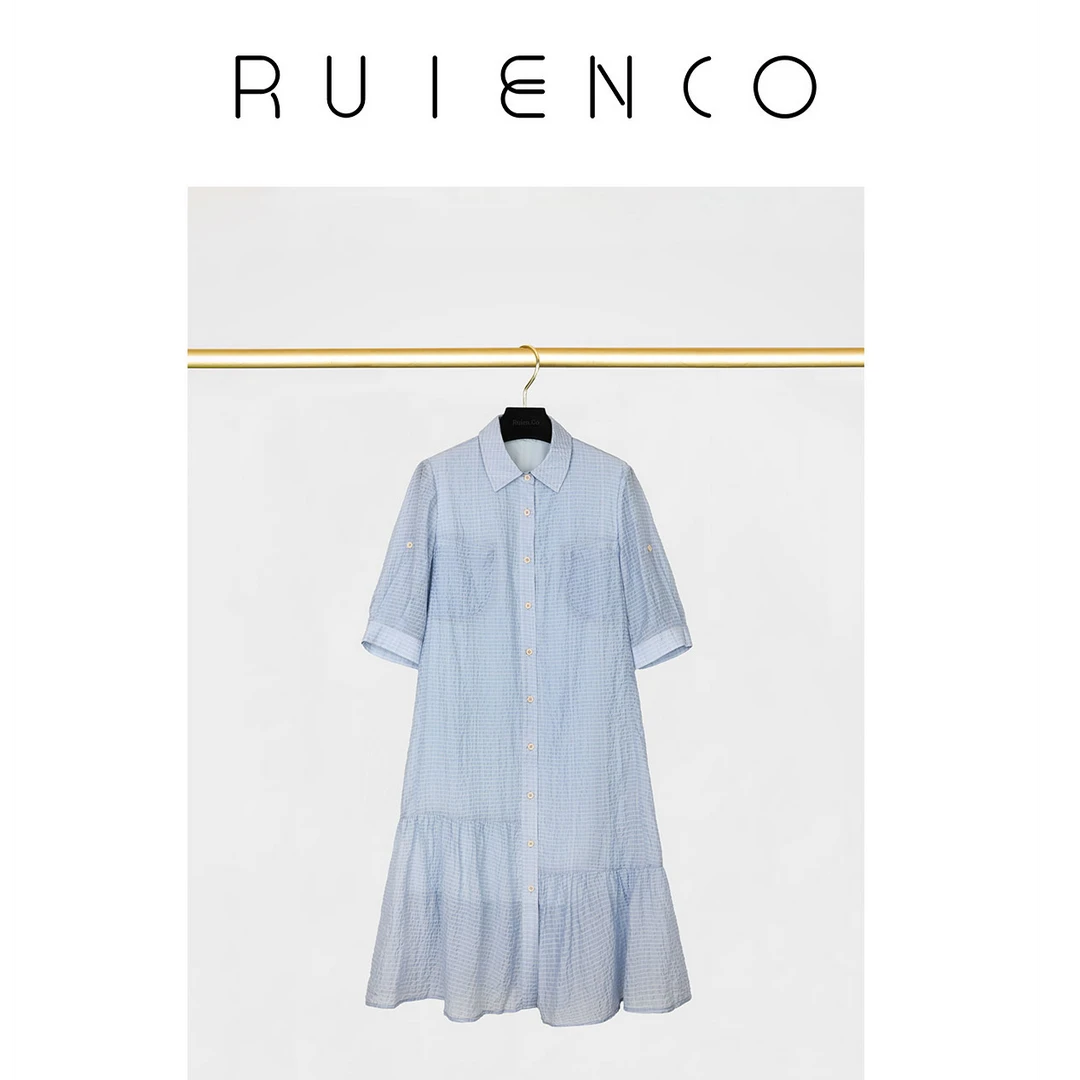 我是摩羯 格纹控 天丝格纹肌理错位拼接夏衬衫式连衣裙