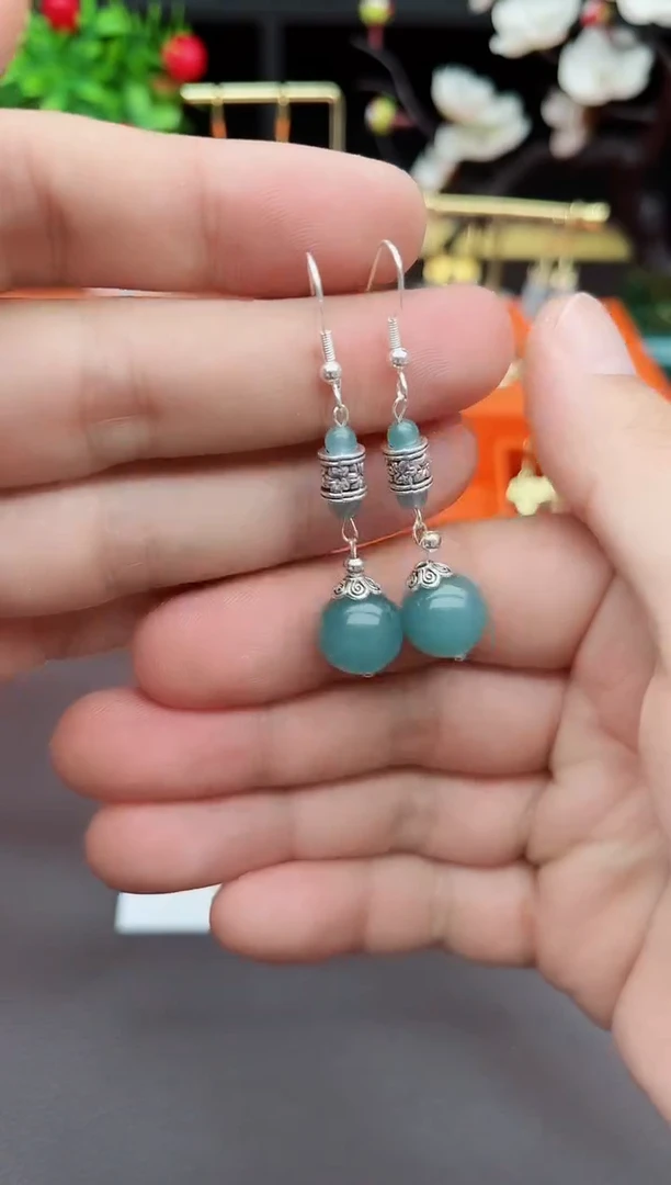 石英质玉（天山翠）银S925镶嵌耳饰X04