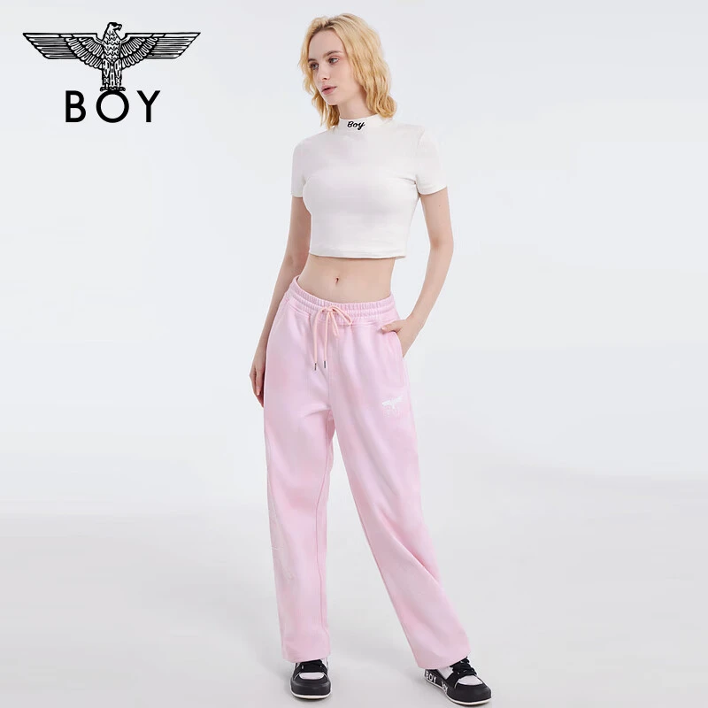 BOYLONDON23秋季新品女士直筒裤粉色甜酷休闲运动针织长裤 W15001