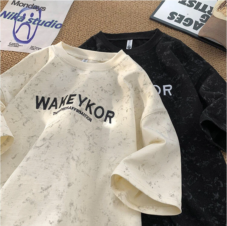 雪花染字母刺绣短袖男夏季重磅设计感美式潮牌复古T恤ins潮流半袖