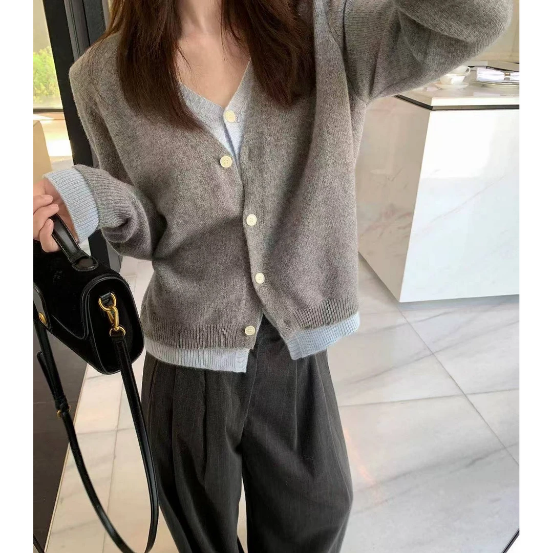 【灰蓝假两件】小个子春装V领叠穿撞色针织假两件开衫1266