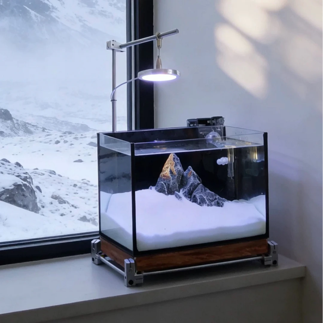 日照金山造景小型桌面超白玻璃免换水斗鱼横缸客厅创意摆件光轴架