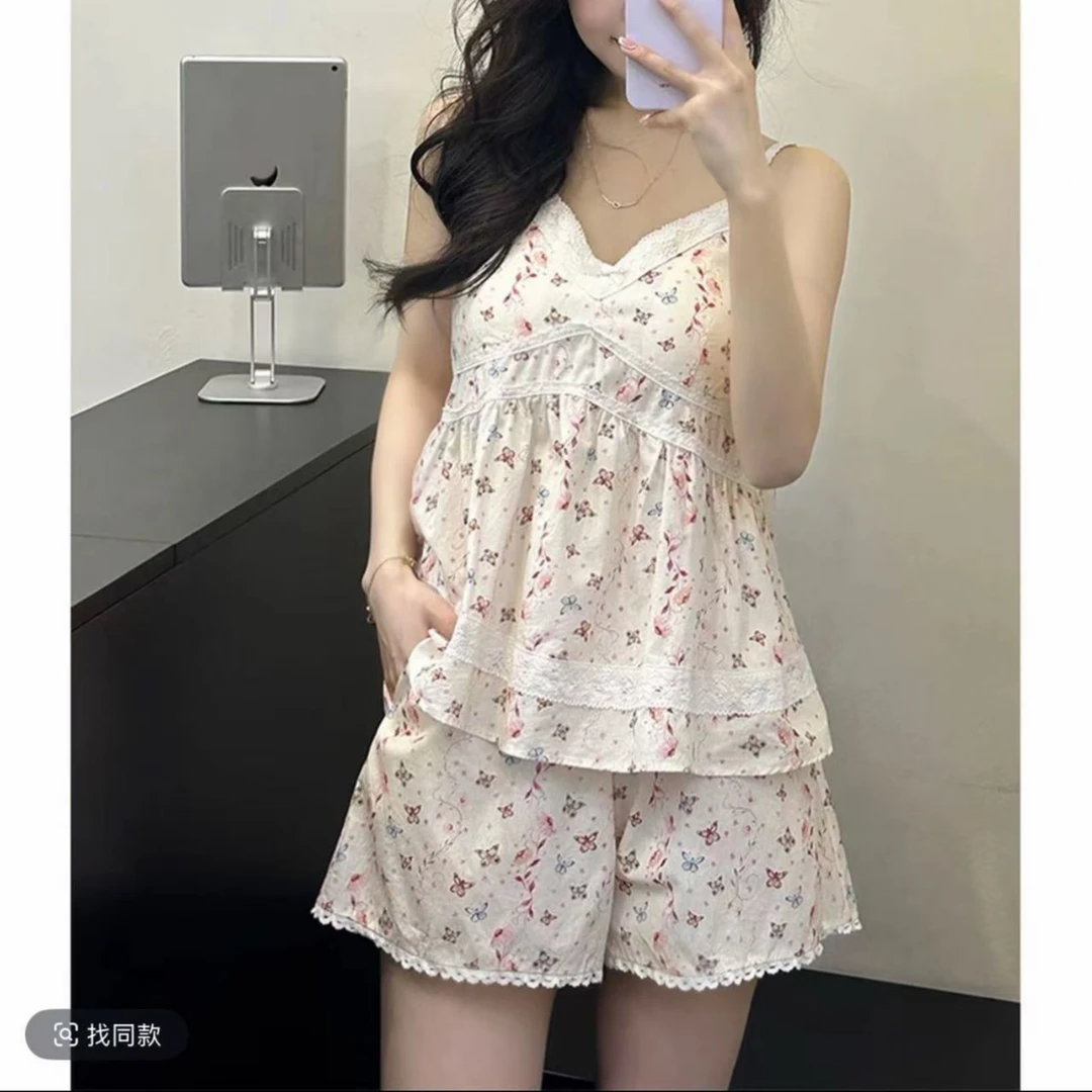 【法式吊带套装】少女夏季碎花吊带短裤甜美睡衣套可爱家居服251503