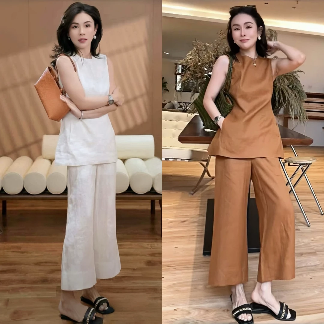 夏装穿搭一整套女2025新款减龄时尚休闲无袖上衣套装九分裤两件套